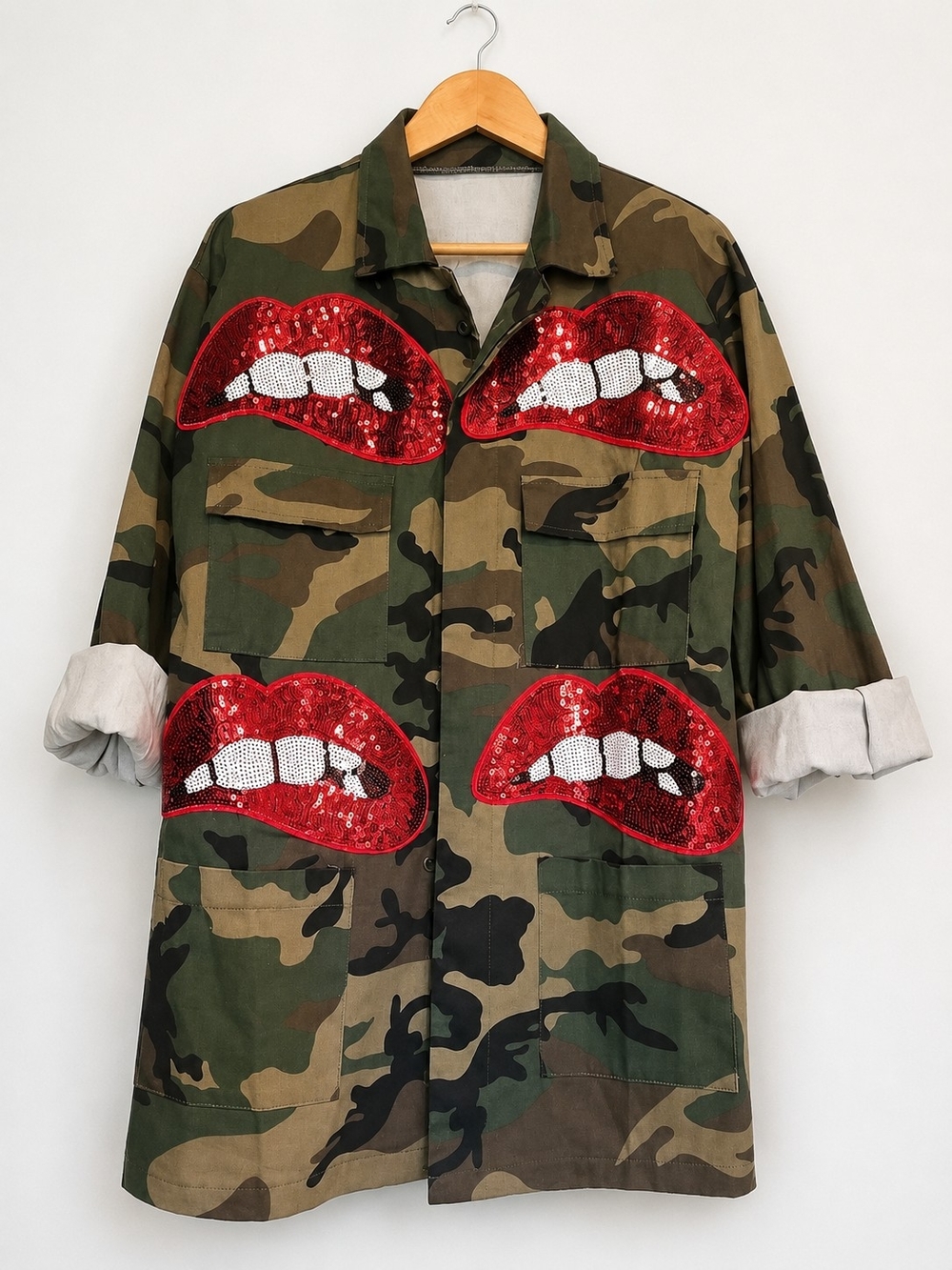 Camouflage Sequin Lip Patch Utility Jacket - Olive Green
